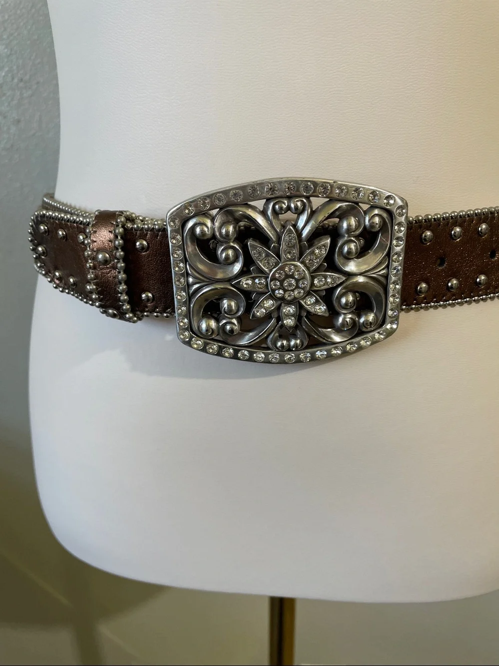 Western Boho Vintage Brown Studded Leather Small Belt Ornate Buckle FoxyGoods